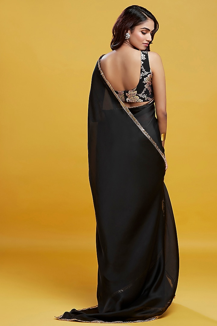 Black Satin Embroidered Pre-Draped Party Wear Saree Set by Phatakaa at Pernia's Pop Up Shop
