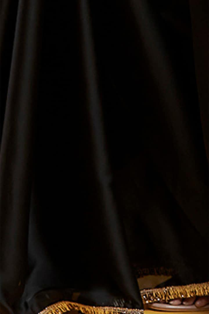 Black Satin Embroidered Pre-Draped Party Wear Saree Set by Phatakaa at Pernia's Pop Up Shop