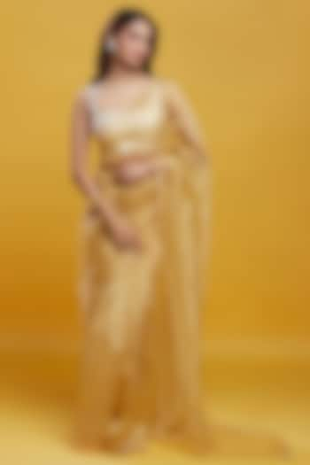 Gold Organza Crystal & Boota Embroidered Pre-Draped Saree Set by Phatakaa at Pernia's Pop Up Shop