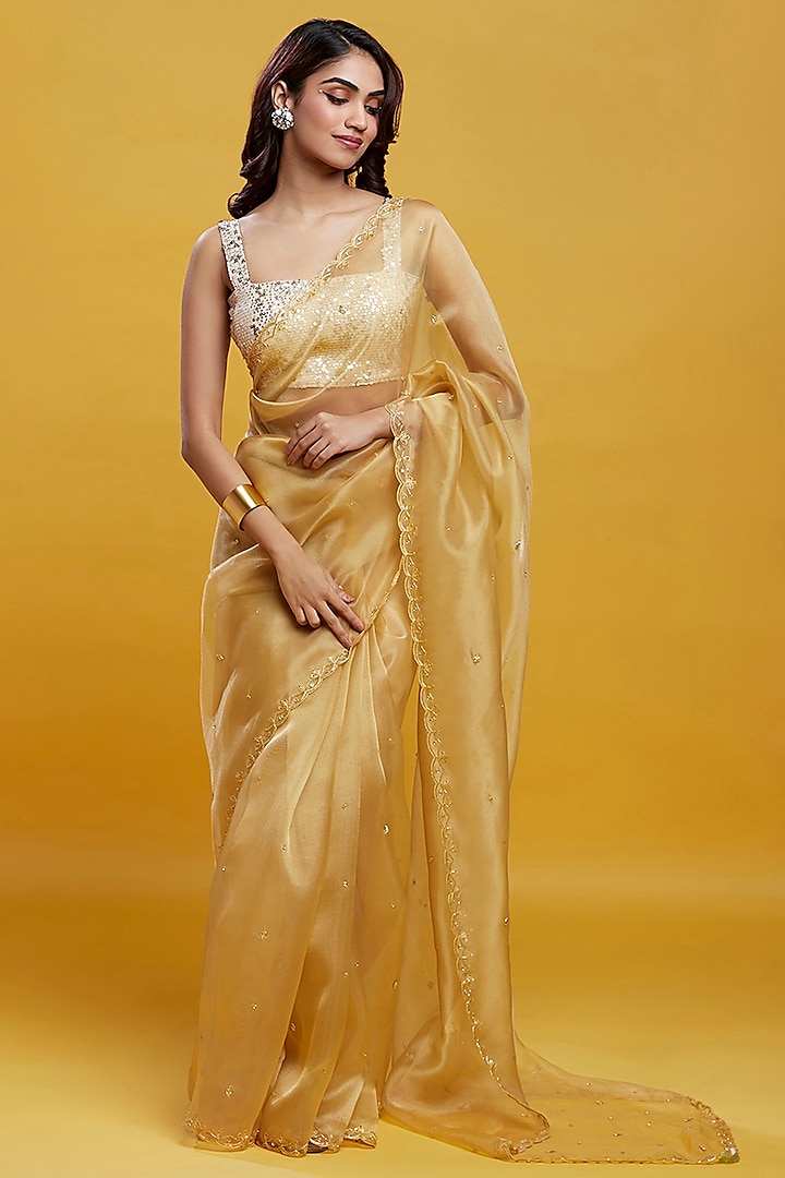 Gold Organza Crystal & Boota Embroidered Pre-Draped Saree Set by Phatakaa at Pernia's Pop Up Shop