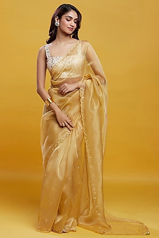 Gold Organza Crystal & Boota Embroidered Pre-Draped Saree Set by Phatakaa