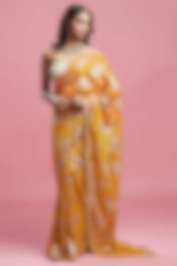 Mustard Georgette & Recycled Polyester Pre-Draped Saree Set by Phatakaa at Pernia's Pop Up Shop