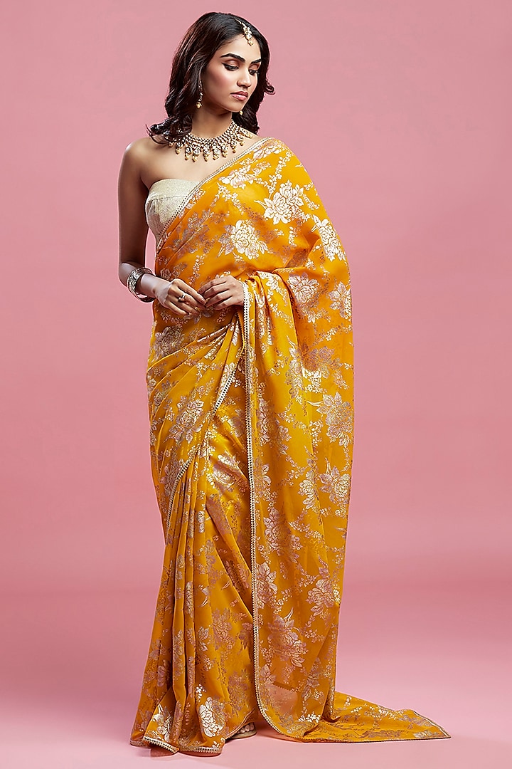 Mustard Georgette & Recycled Polyester Pre-Draped Saree Set by Phatakaa at Pernia's Pop Up Shop