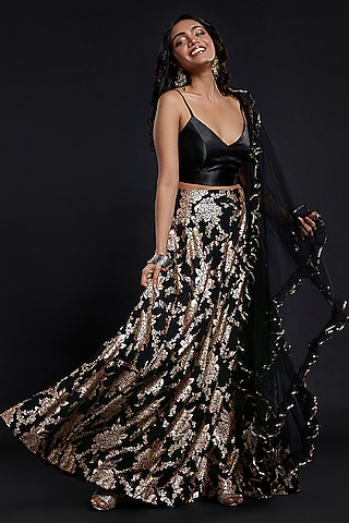 Black Recycled Polyester Lehenga Set by Phatakaa