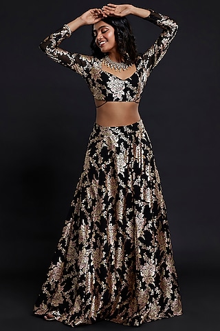 Black Recycled Polyester Lehenga Set by Phatakaa