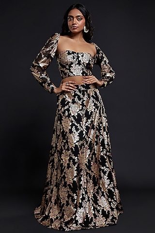 Black Recycled Polyester Lehenga Set by Phatakaa