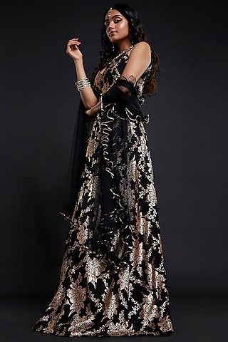 Black Recycled Polyester Lehenga Set by Phatakaa