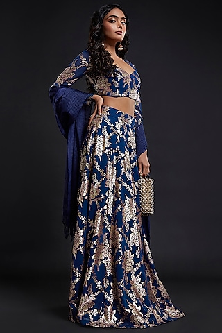 Navy Blue Recycled Polyester Printed Lehenga Set by Phatakaa
