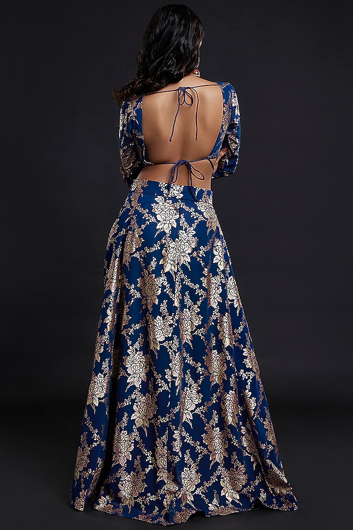Navy Blue Recycled Polyester Printed Lehenga Set by Phatakaa at Pernia's Pop Up Shop