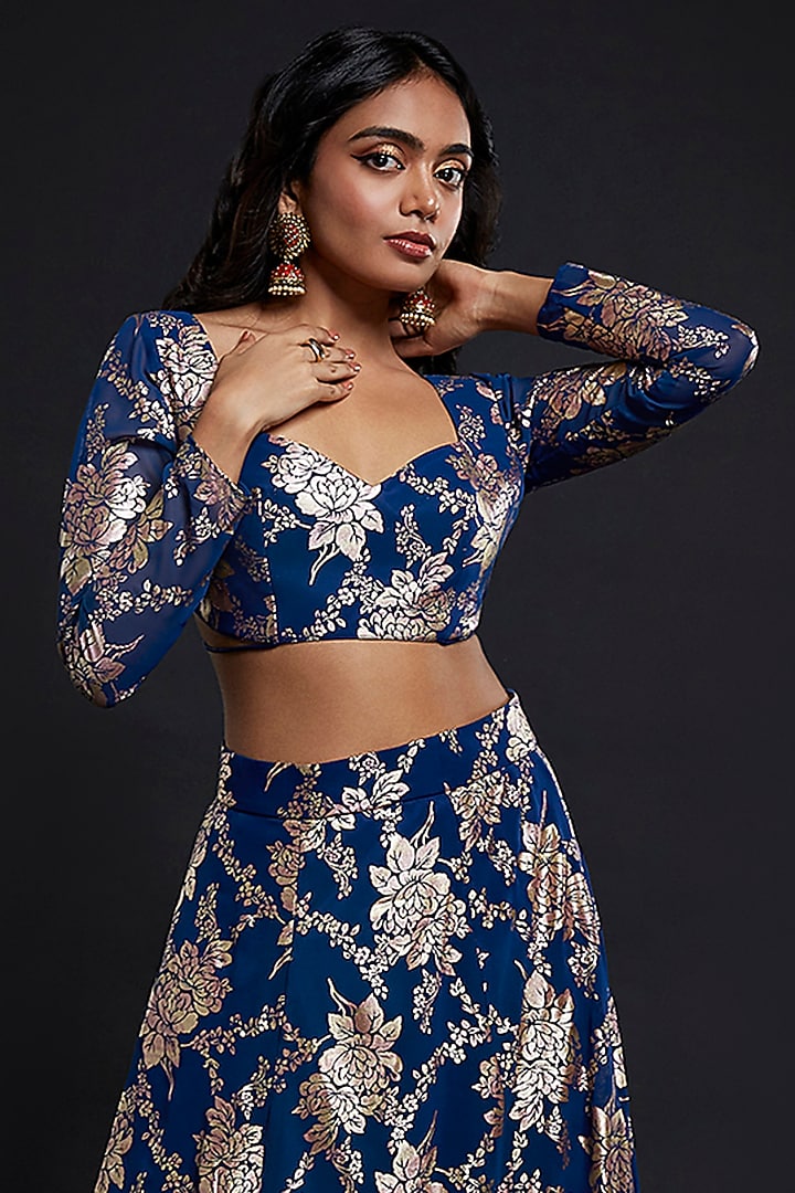 Navy Blue Recycled Polyester Printed Lehenga Set by Phatakaa at Pernia's Pop Up Shop