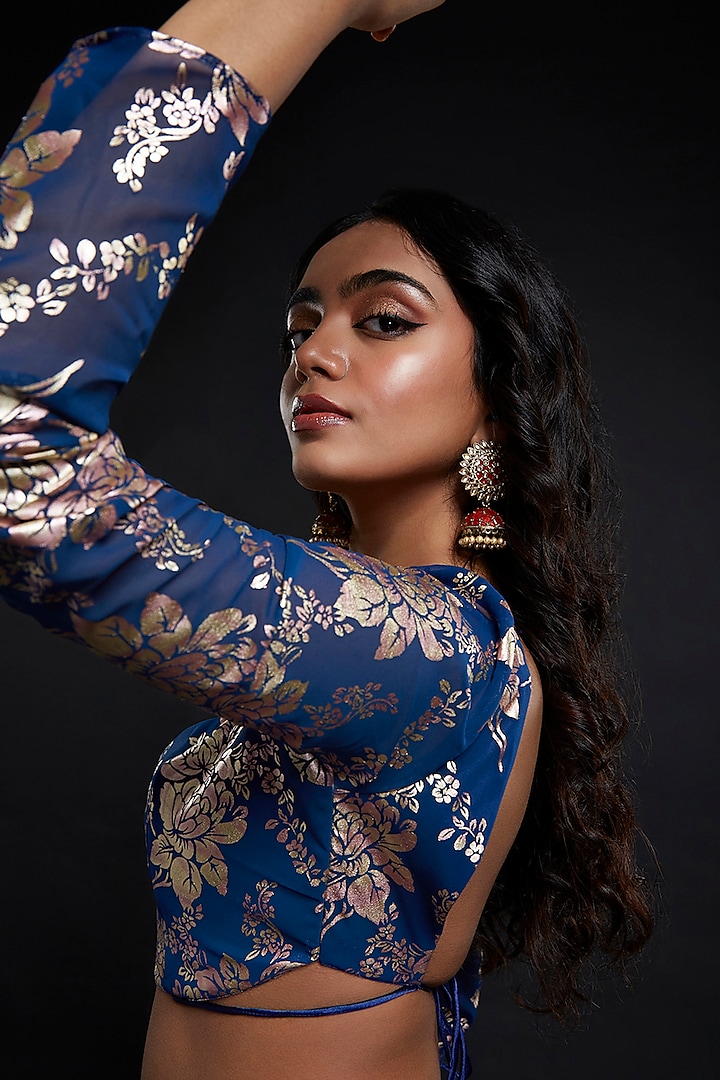 Navy Blue Recycled Polyester Printed Lehenga Set by Phatakaa at Pernia's Pop Up Shop