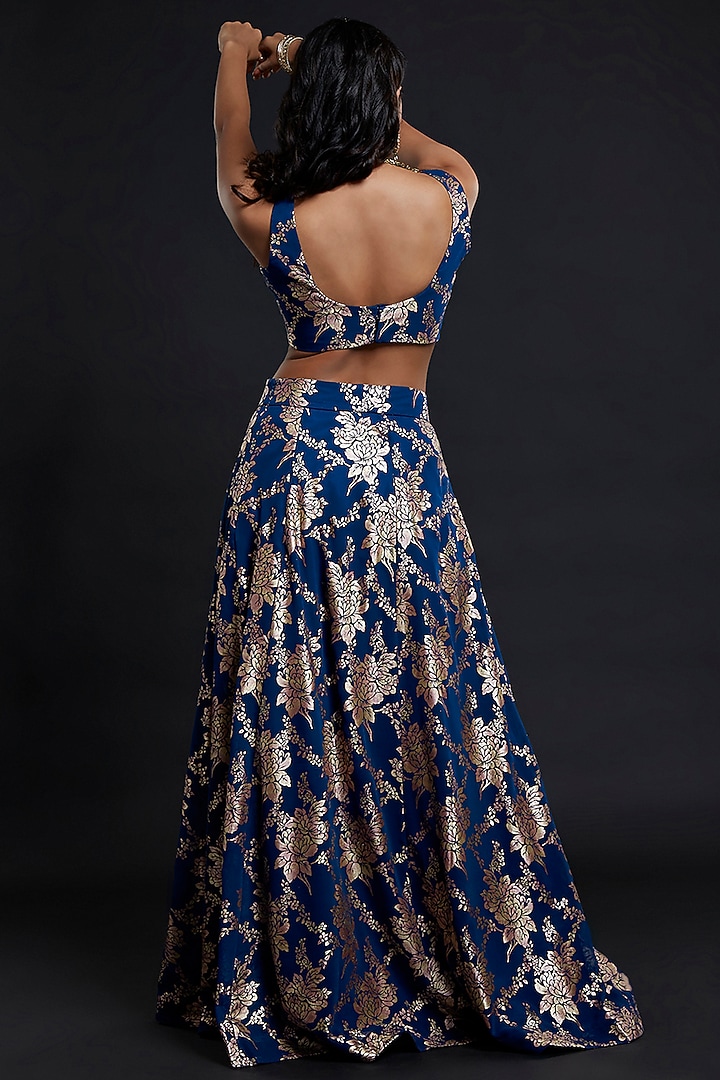 Navy Blue Recycled Polyester Printed Lehenga Set by Phatakaa at Pernia's Pop Up Shop