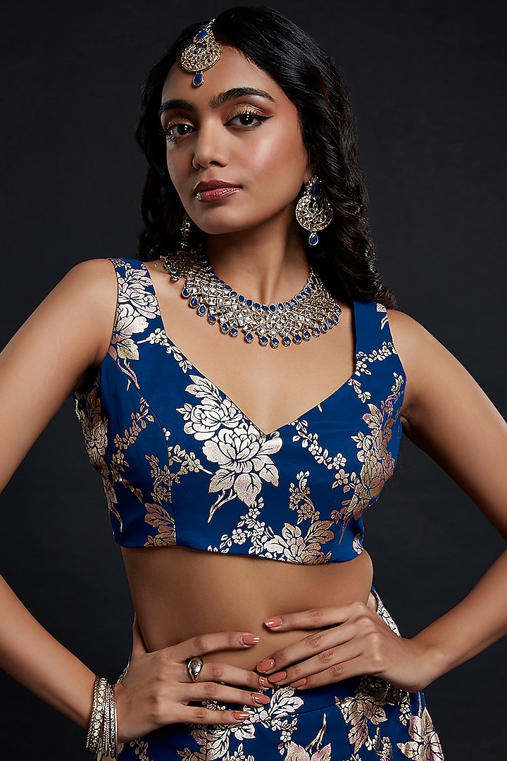 Navy Blue Recycled Polyester Printed Lehenga Set by Phatakaa at Pernia's Pop Up Shop