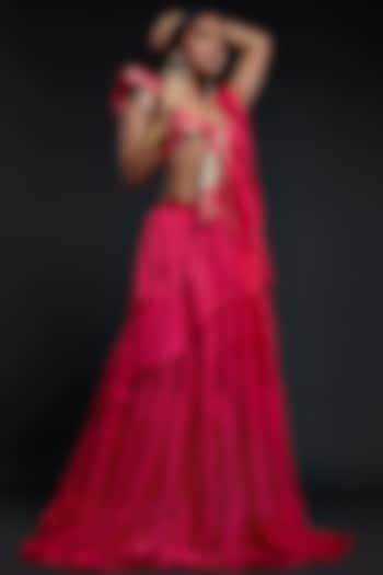Fuchsia Recycled Polyester Pre-Draped Party Wear Saree Set by Phatakaa at Pernia's Pop Up Shop