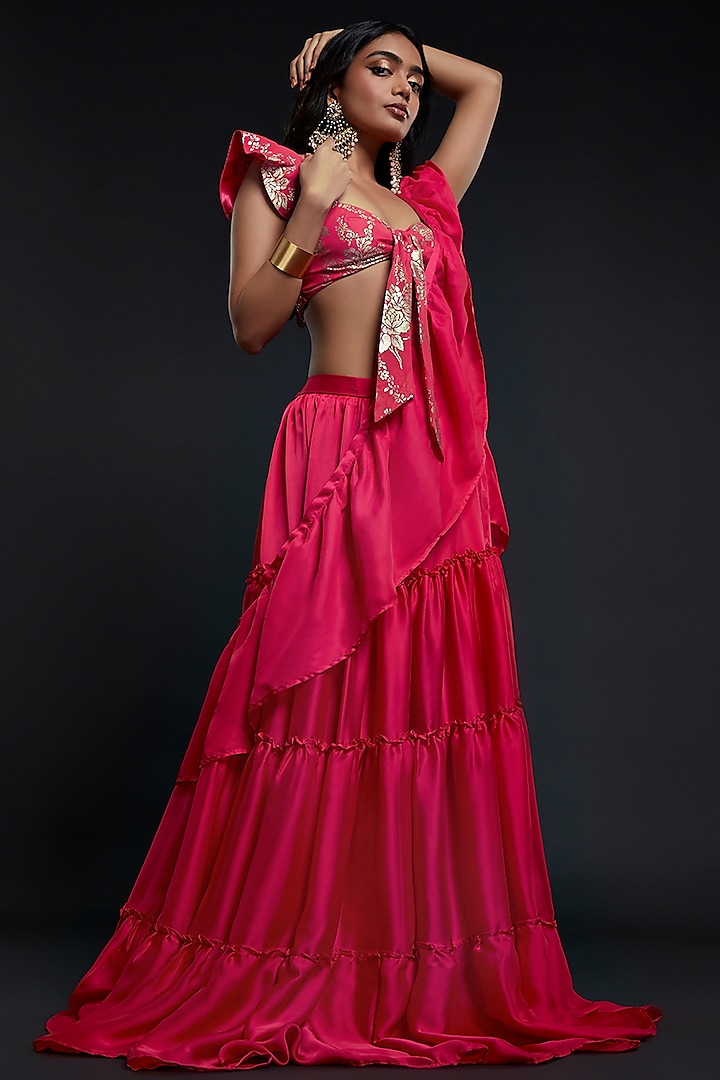 Fuchsia Recycled Polyester Pre-Draped Party Wear Saree Set by Phatakaa at Pernia's Pop Up Shop