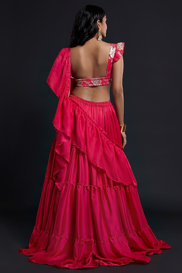 Fuchsia Recycled Polyester Pre-Draped Party Wear Saree Set by Phatakaa at Pernia's Pop Up Shop