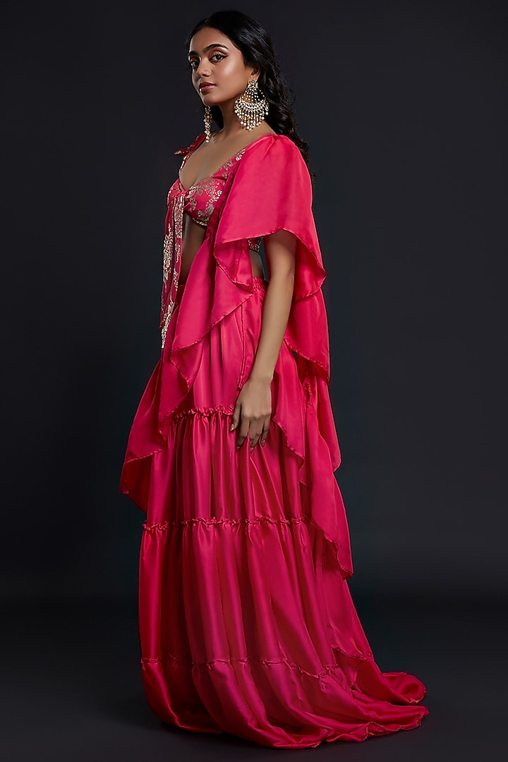 Fuchsia Recycled Polyester Pre-Draped Party Wear Saree Set by Phatakaa at Pernia's Pop Up Shop