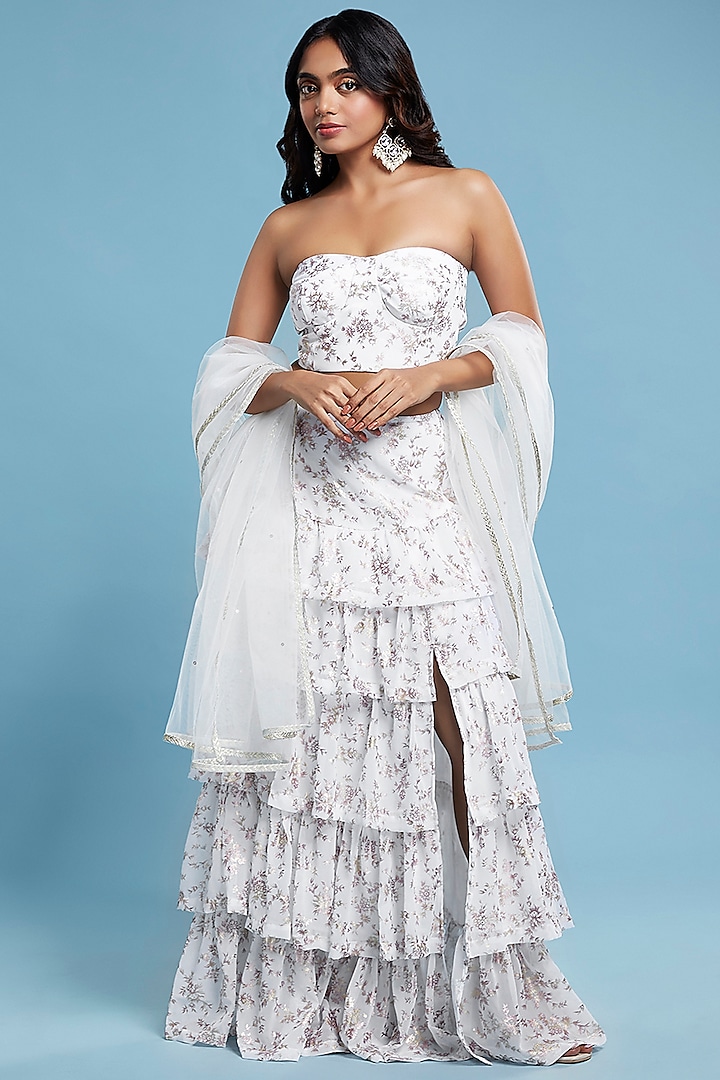 White Recycled Polyester Tiered Lehenga Set by Phatakaa at Pernia's Pop Up Shop