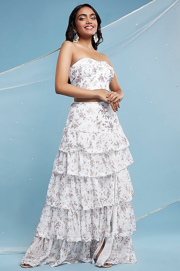 White Recycled Polyester Tiered Lehenga Set by Phatakaa at Pernia's Pop Up Shop