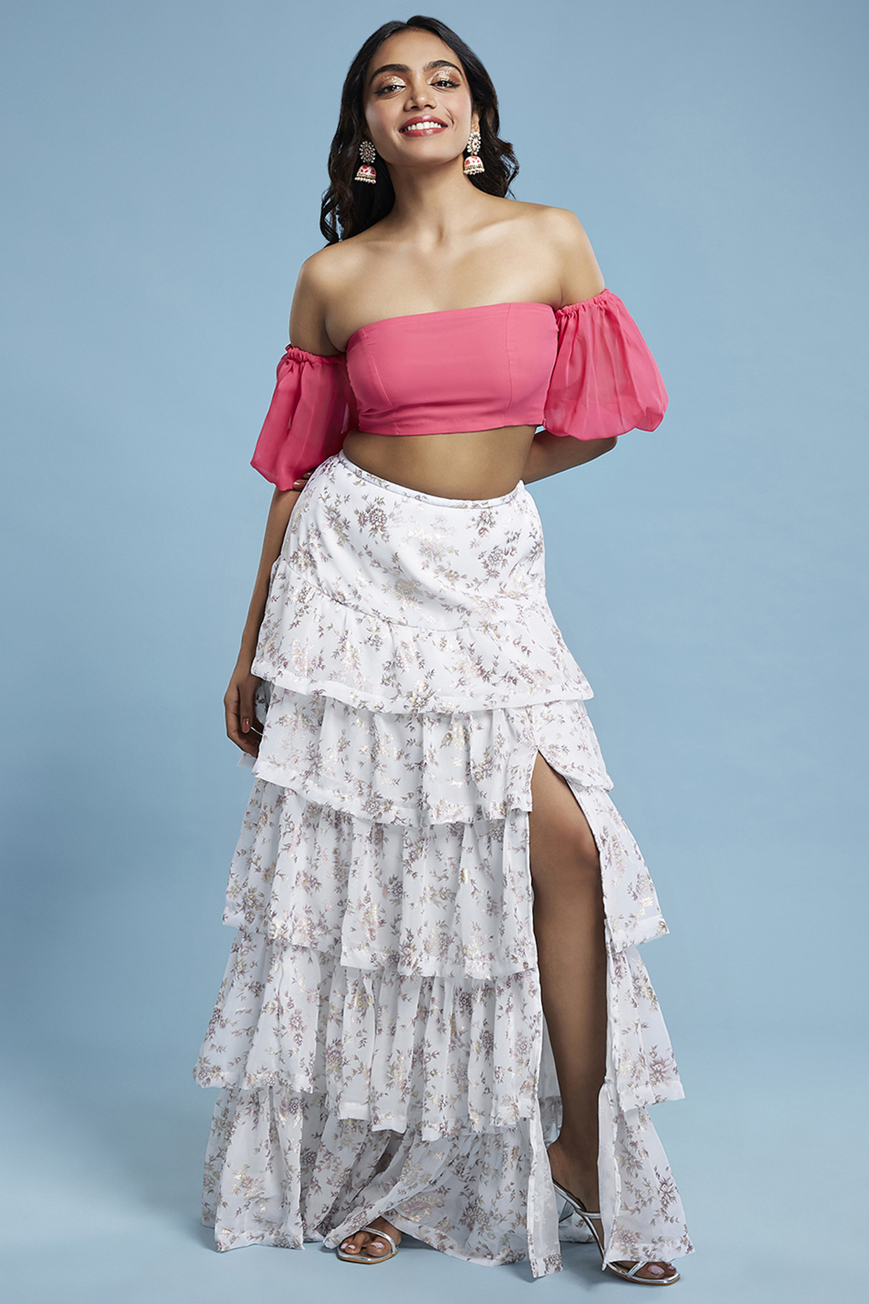 White Recycled Polyester Tiered Lehenga Set by Phatakaa at Pernia's Pop Up Shop