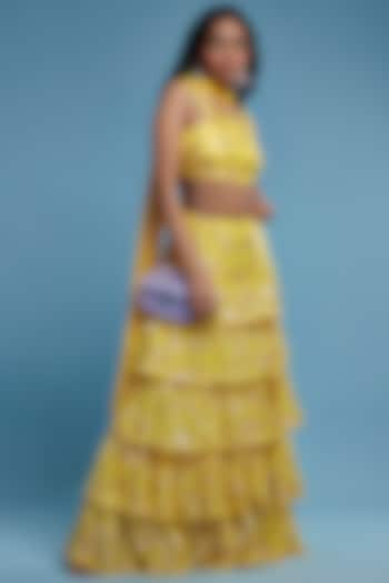 Yellow Recycled Polyester Tiered Lehenga Set by Phatakaa at Pernia's Pop Up Shop