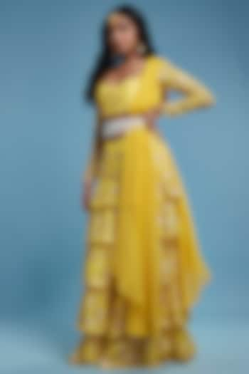 Yellow Recycled Polyester Tiered Lehenga Set by Phatakaa at Pernia's Pop Up Shop