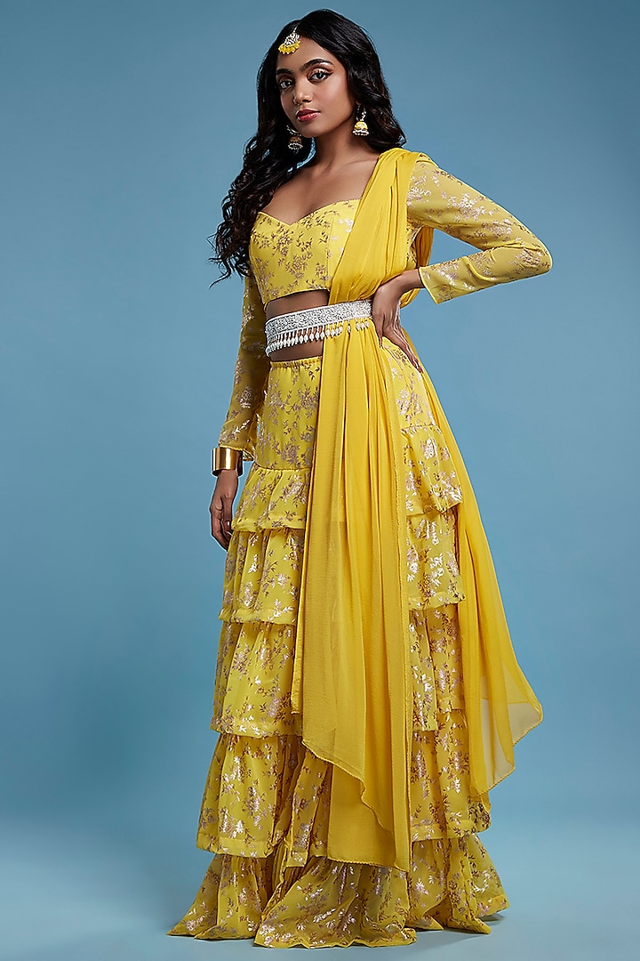 Yellow Recycled Polyester Tiered Lehenga Set by Phatakaa at Pernia's Pop Up Shop