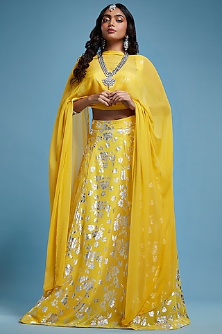 Yellow Recycled Polyester Lehenga Set by Phatakaa