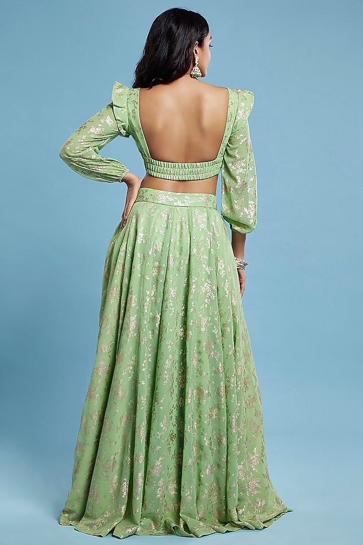 Green Recycled Polyester Tiered Lehenga Set by Phatakaa at Pernia's Pop Up Shop