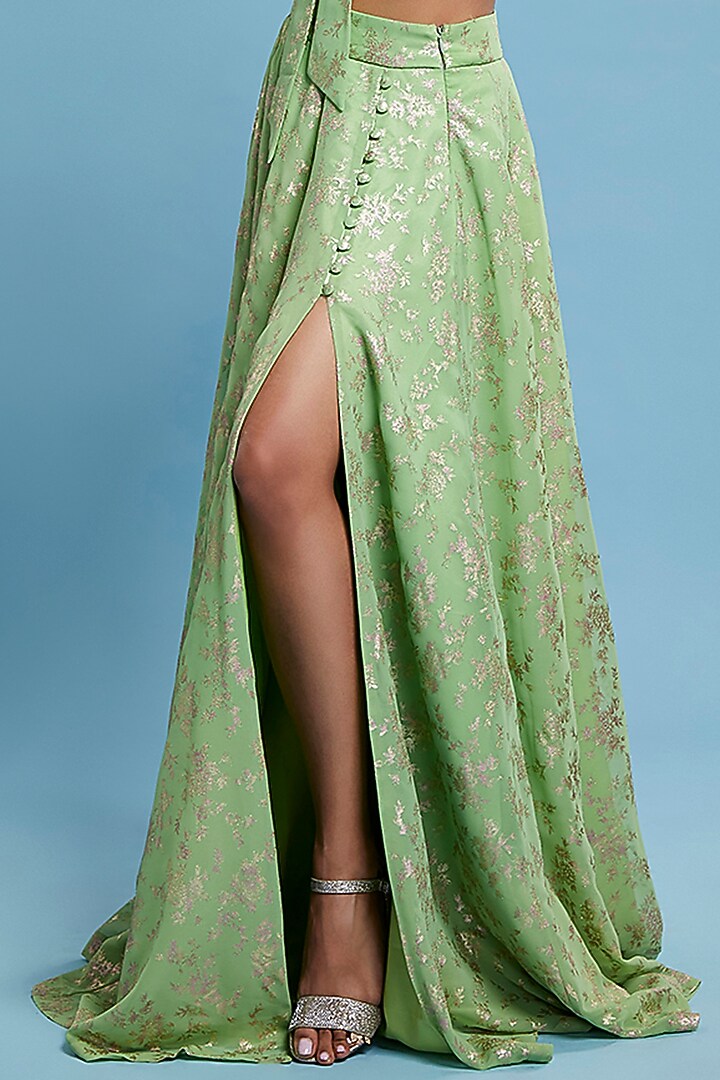 Green Recycled Polyester Tiered Lehenga Set by Phatakaa at Pernia's Pop Up Shop