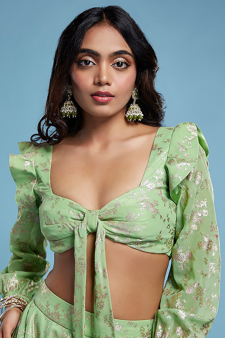 Green Recycled Polyester Tiered Lehenga Set by Phatakaa at Pernia's Pop Up Shop