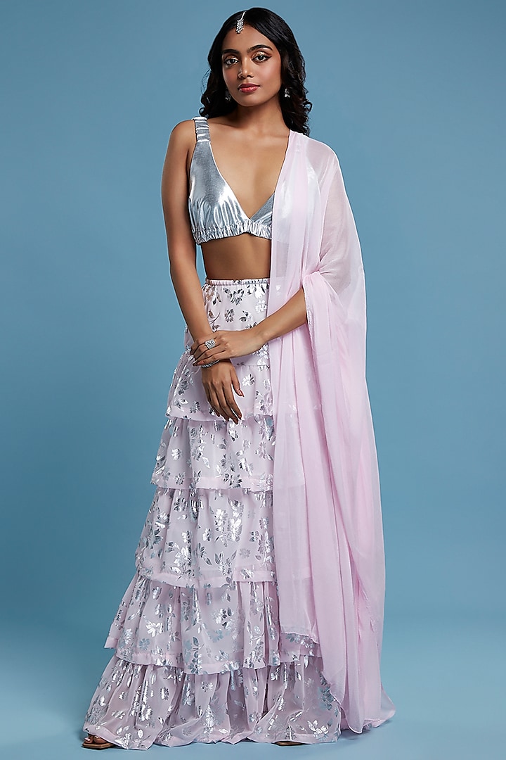 Baby Pink Recycled Polyester Tiered Lehenga Set by Phatakaa