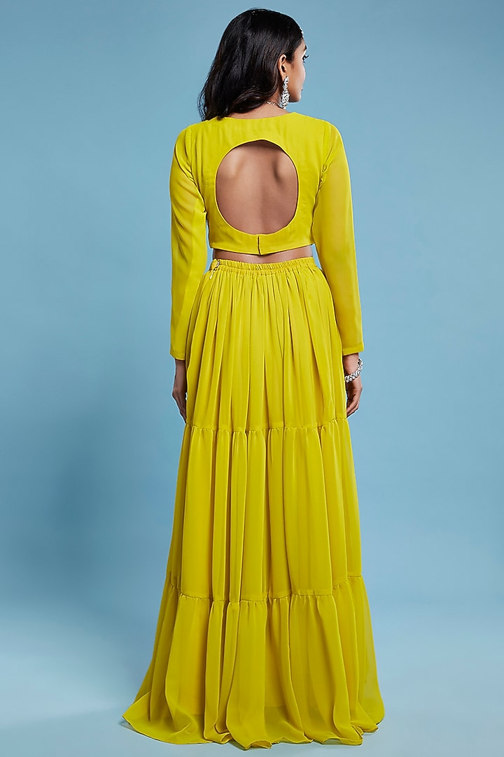 Lime Recycled Polyester Tiered Lehenga Set by Phatakaa at Pernia's Pop Up Shop