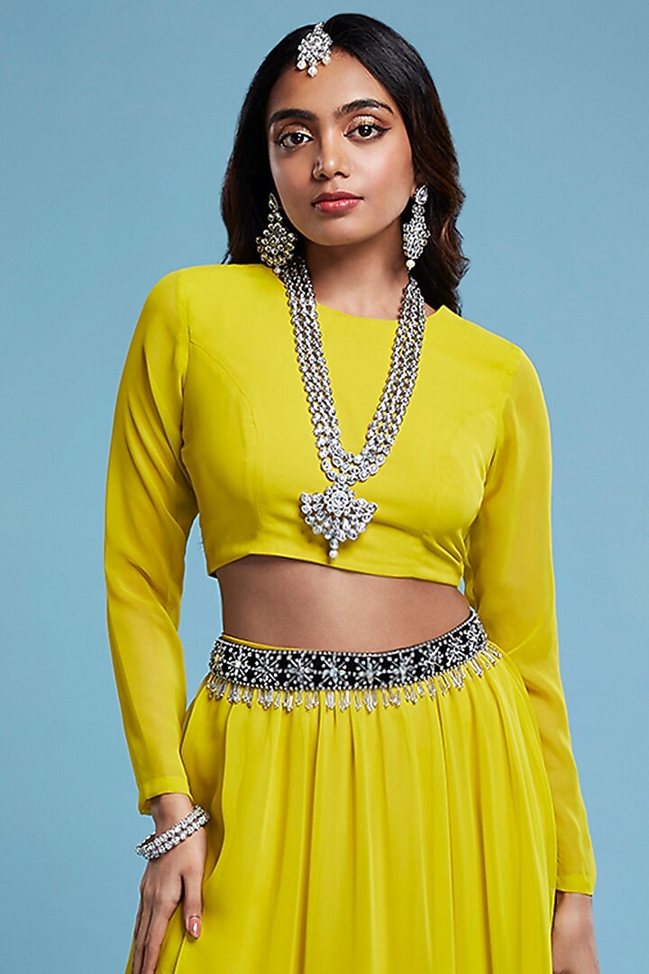 Lime Recycled Polyester Tiered Lehenga Set by Phatakaa at Pernia's Pop Up Shop