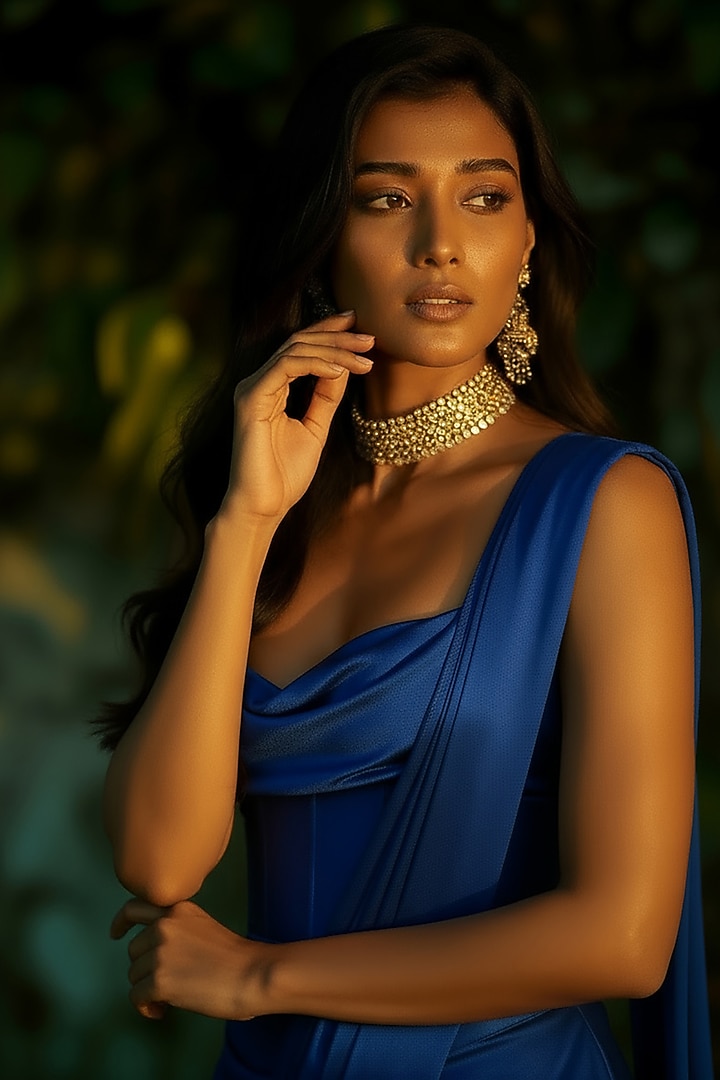 Sapphire Blue Satin Crepe Pre-Stitched Corset Wedding Saree by Phatakaa at Pernia's Pop Up Shop