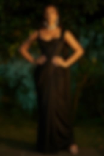 Black Satin Crepe Pre-Stitched Corset Wedding Saree by Phatakaa at Pernia's Pop Up Shop