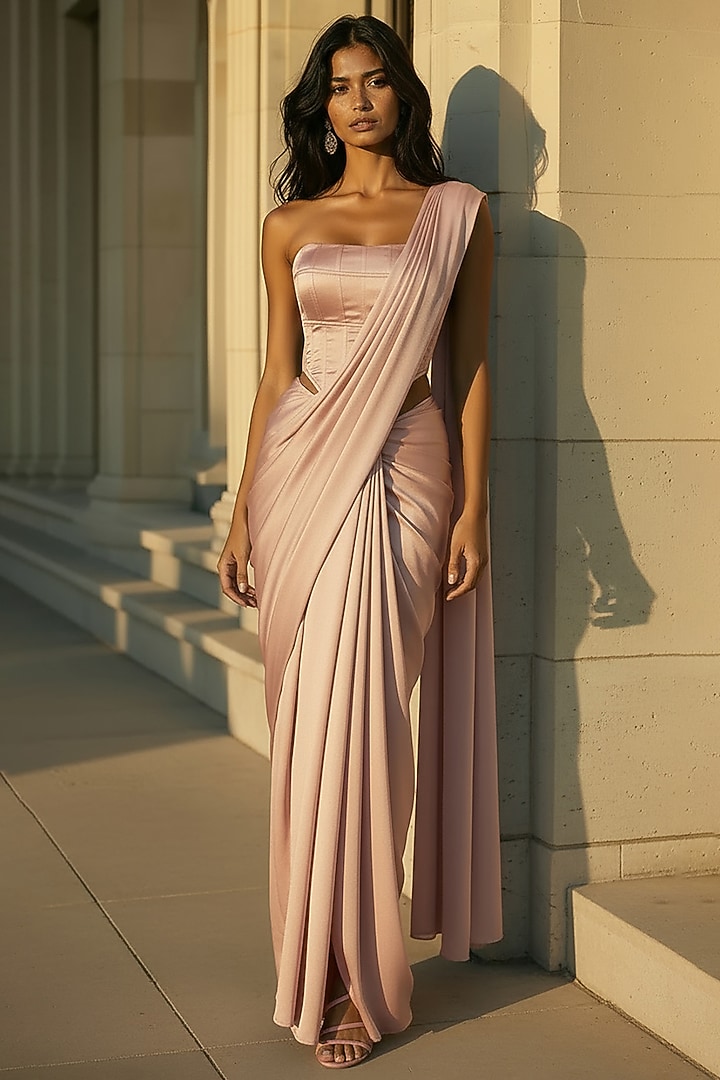 Blush Satin Crepe Pre-Stitched Party Wear Saree Set by Phatakaa at Pernia's Pop Up Shop