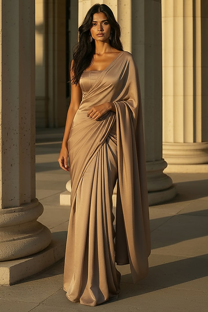 Gold Satin Crepe Pre-Stitched Party Wear Saree Set by Phatakaa at Pernia's Pop Up Shop