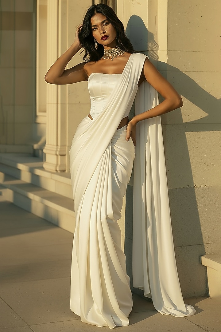 Off-White Satin Crepe Pre-Stitched Party Wear Saree Set by Phatakaa at Pernia's Pop Up Shop
