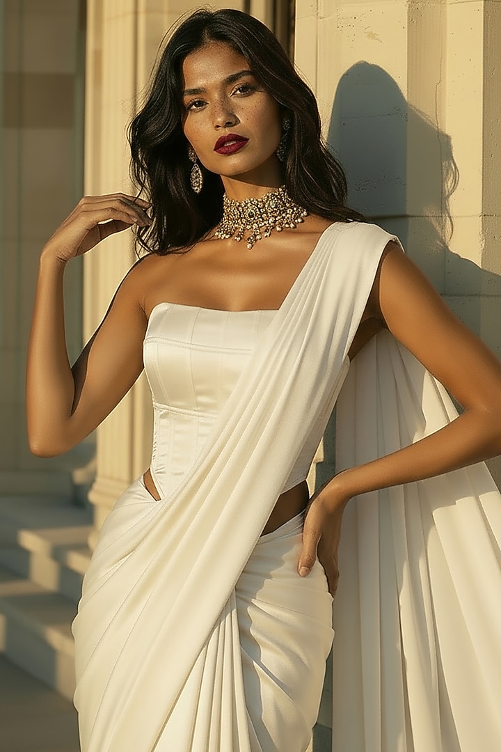 Off-White Satin Crepe Pre-Stitched Party Wear Saree Set by Phatakaa at Pernia's Pop Up Shop