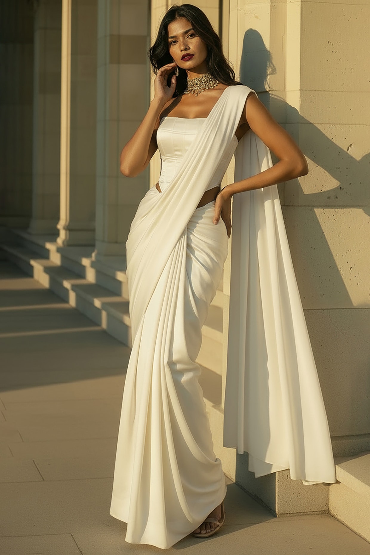 Off-White Satin Crepe Pre-Stitched Party Wear Saree Set by