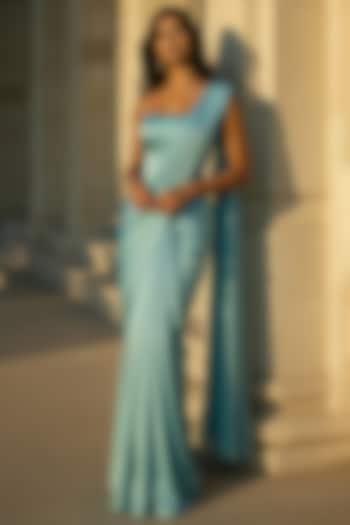 Turquoise Satin Crepe Pre-Stitched Party Wear Saree Set by Phatakaa at Pernia's Pop Up Shop