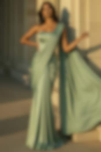 Sage Green Satin Crepe Pre-Stitched Party Wear Saree Set by Phatakaa at Pernia's Pop Up Shop