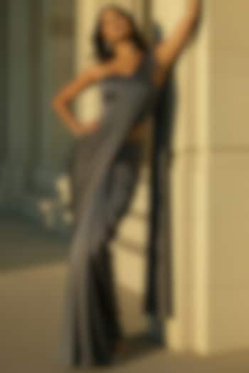 Charcoal Satin Crepe Pre-Stitched Party Wear Saree Set by Phatakaa at Pernia's Pop Up Shop