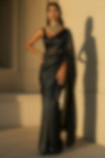 Black Satin Party Wear Saree Set by Phatakaa at Pernia's Pop Up Shop