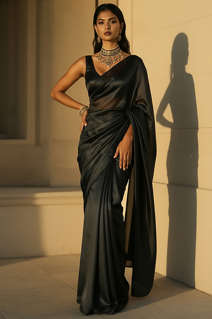 Black Satin Party Wear Saree Set by Phatakaa at Pernia's Pop Up Shop
