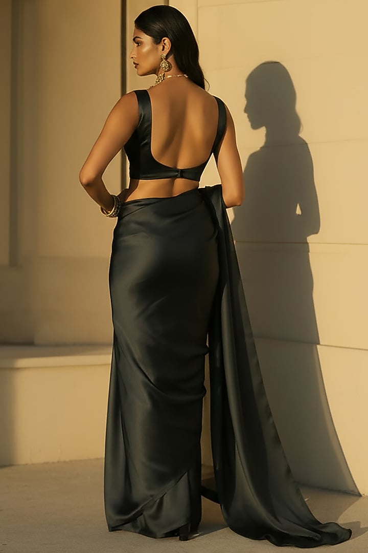 Black Satin Party Wear Saree Set by Phatakaa at Pernia's Pop Up Shop