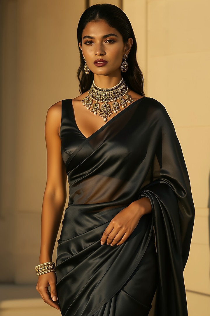Black Satin Party Wear Saree Set by Phatakaa at Pernia's Pop Up Shop
