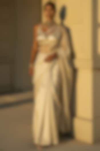 Off-White Satin Party Wear Saree Set by Phatakaa at Pernia's Pop Up Shop