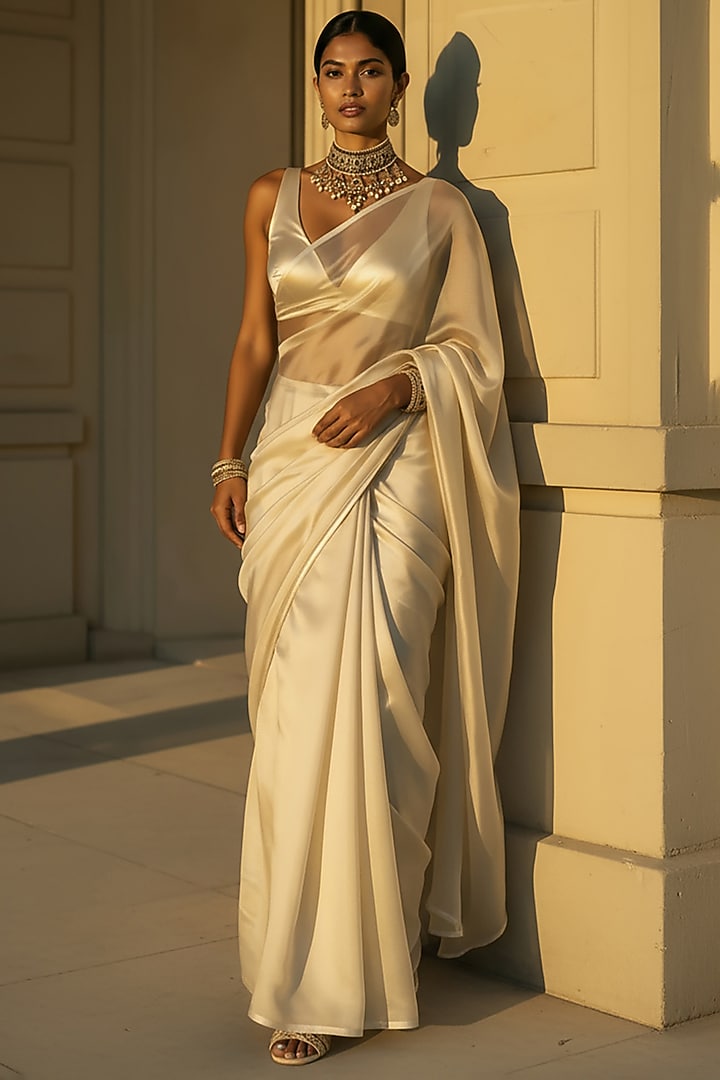 Off-White Satin Party Wear Saree Set by Phatakaa at Pernia's Pop Up Shop